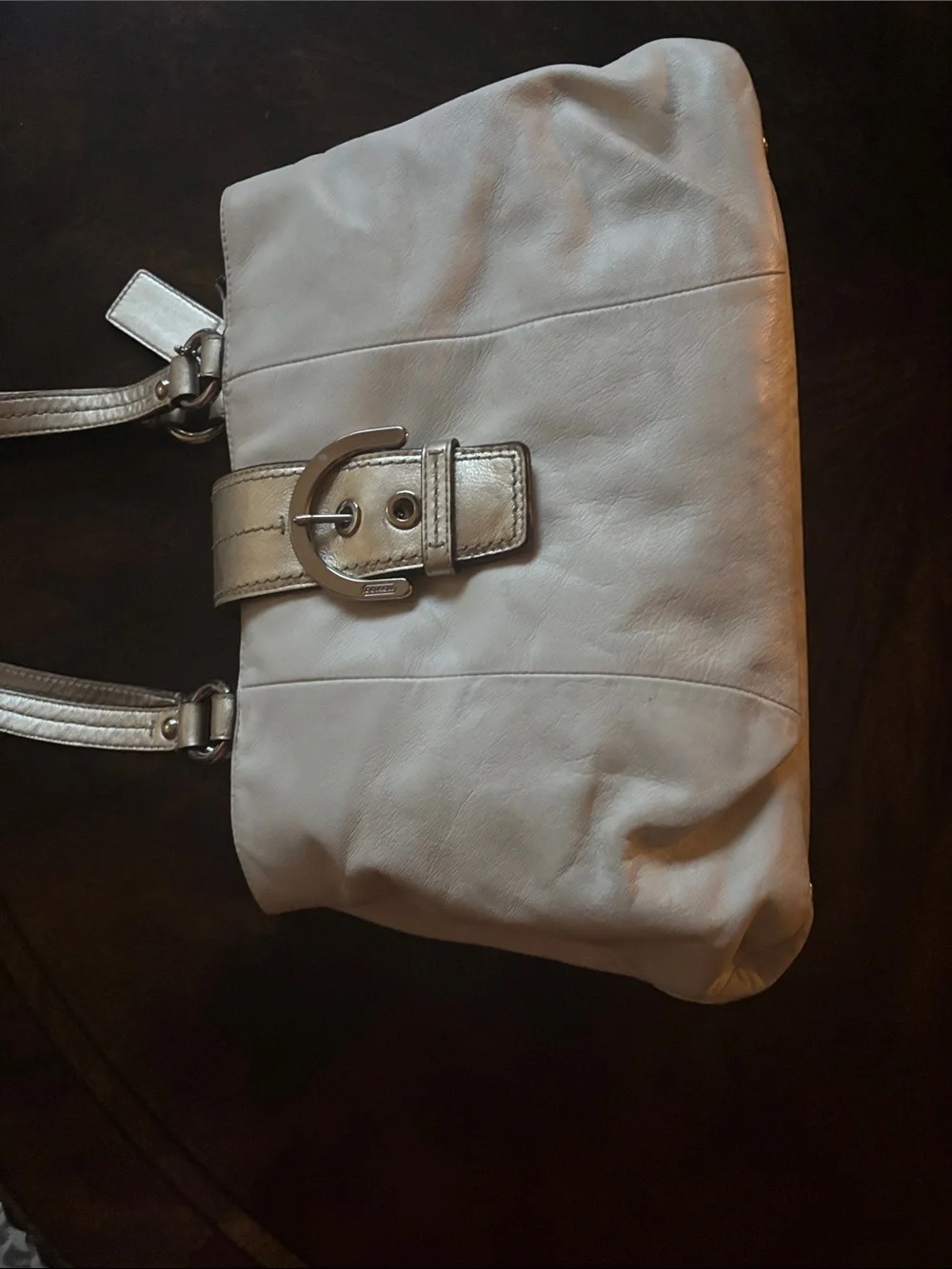 Coach Cream Leather Shoulder Bag with Silver Buckle